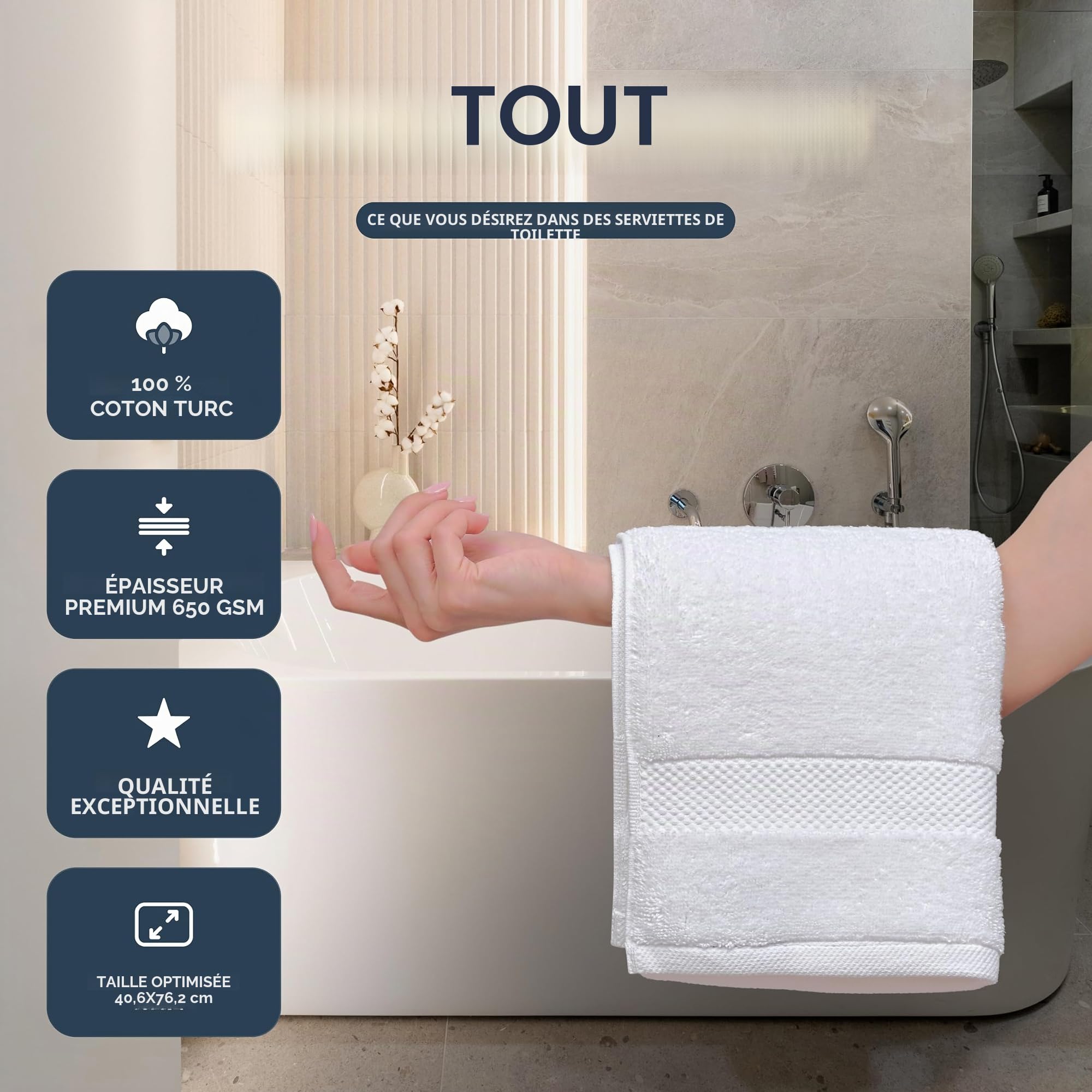 White Classic Lot de 6 essuie-Mains de Luxe 100% Coton, Serviettes de qualité pour Salle de Bain, hôtel - 40 x 76 cm - Blanc