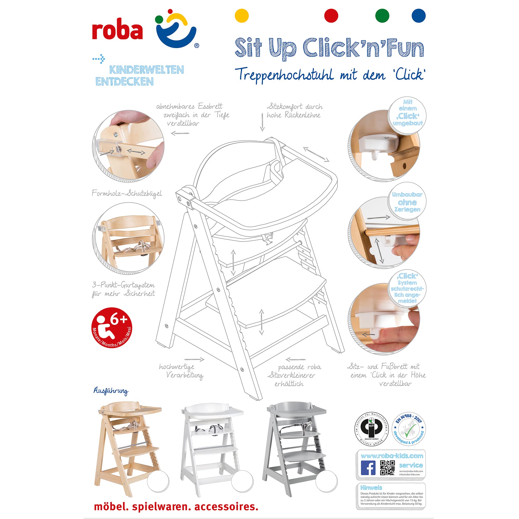 roba Seggiolone per Neonati Evolutivo Sit Up Click e Fun + Vassoio Rimovibile - Altezza Regolabile - con Barra di Protezione - Ergonomico - Legno Naturale Laccato Bianco