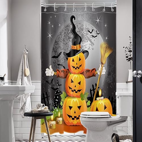 Miniatura 3 de LB Juego de cortina de ducha de calabazas de Halloween, sombrero mágico, escoba fantasma, cortina de baño, decoración de fiesta, ganchos