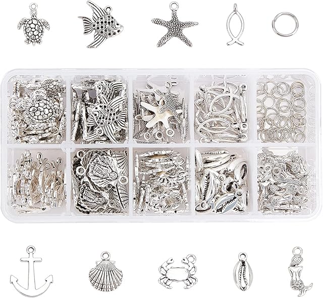 PandaHall 180pcs 9 Styles Seaside Ocean Theme Charms with 50pcs Jump Rings Starfish Ocean Fish Seashell Marine Animal Anchor Pendants Beads for Wakiki Hawaii Necklace Bracelet Jewellery Making