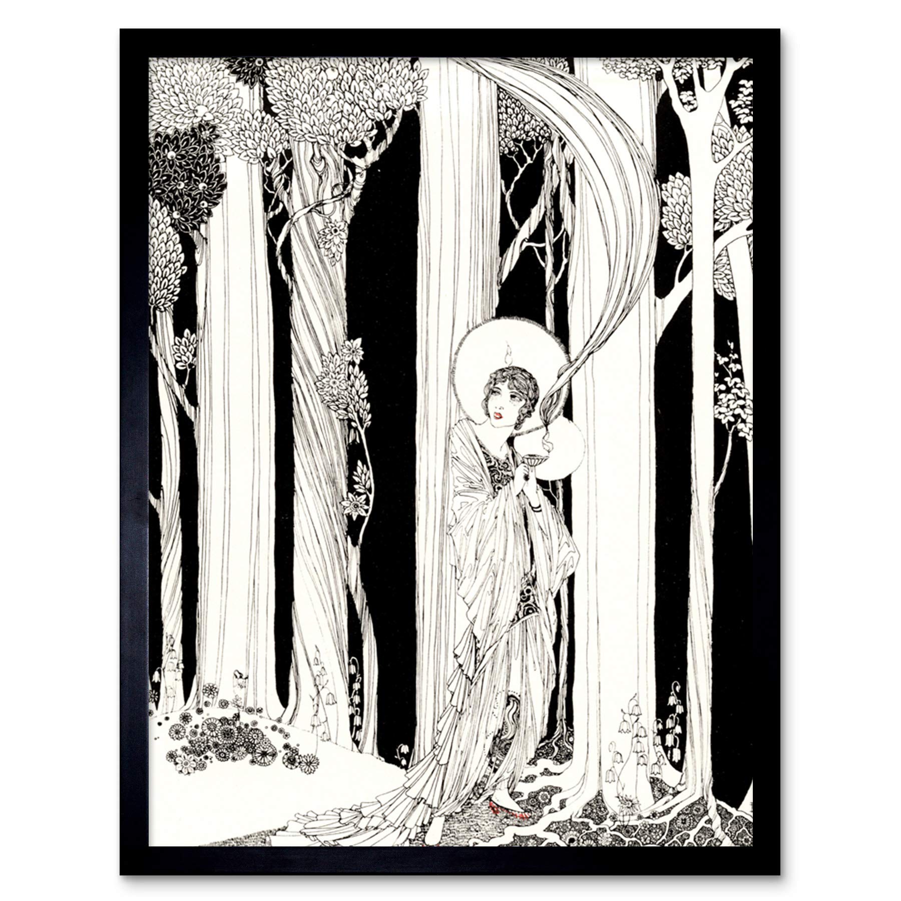 Wee Blue Coo Framed Black 12X16 Art Deco Portrait Forest Art Print Framed Poster Wall Decor 12X16 Inch