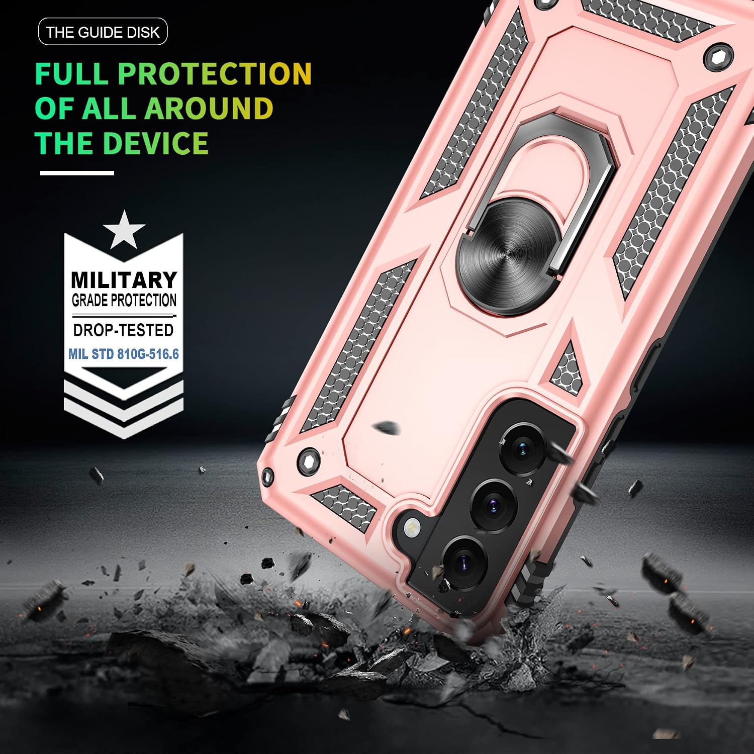 Galaxy S22 Case, Samsung S22 Case with HD Screen Protector, Gritup [Military-Grade] Magnetic Ring Holder Kickstand Shockproof Protective Phone Case for Samsung Galaxy S22, Rose Gold
