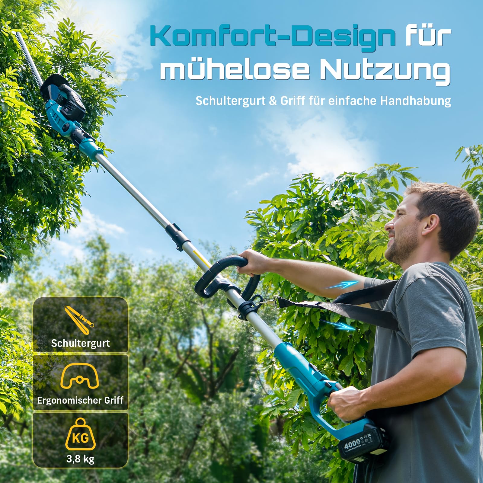 SEESII 2-in-1 Teleskop Heckenschere Akku: Elektrische Heckenschere mit 53 cm Doppelklinge, Teleskopstange bis 2,6 m, 18 mm Schnittstärke, 2 * 4,0 Ah Akkus, für Garten, Bäume und Sträucher CYCPHT05