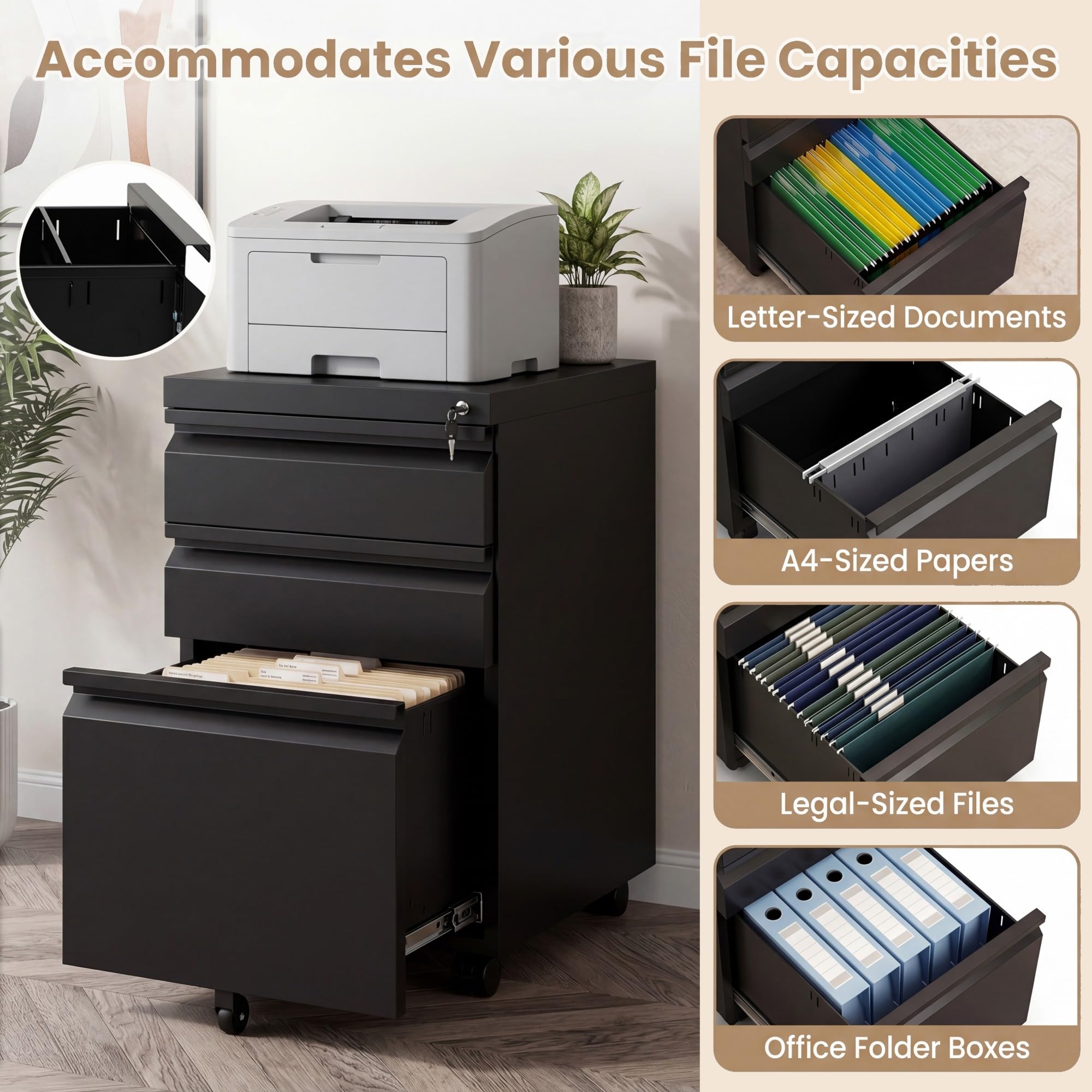 KOMFOTTEU Armario Archivador Móvil con 3 Cajones, Cajonera de Oficina con 5 Ruedas Universales, Cerredura y 2 Llaves, Cómoda Escritorio para Documentos, Soporte Impresora, 44 x 37 x 60 cm (Negro)