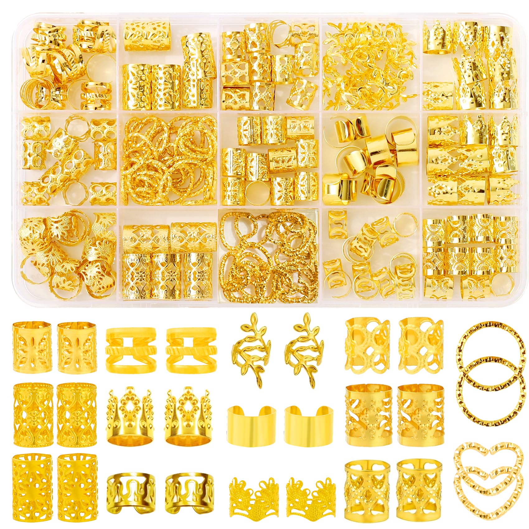 190 Pcs Gold Hair Jewelry for Braids & Dreadlocks - Loc Jewelry with Ring Cuffs, Clips, Charms & Decorations for Men, Women & Girls