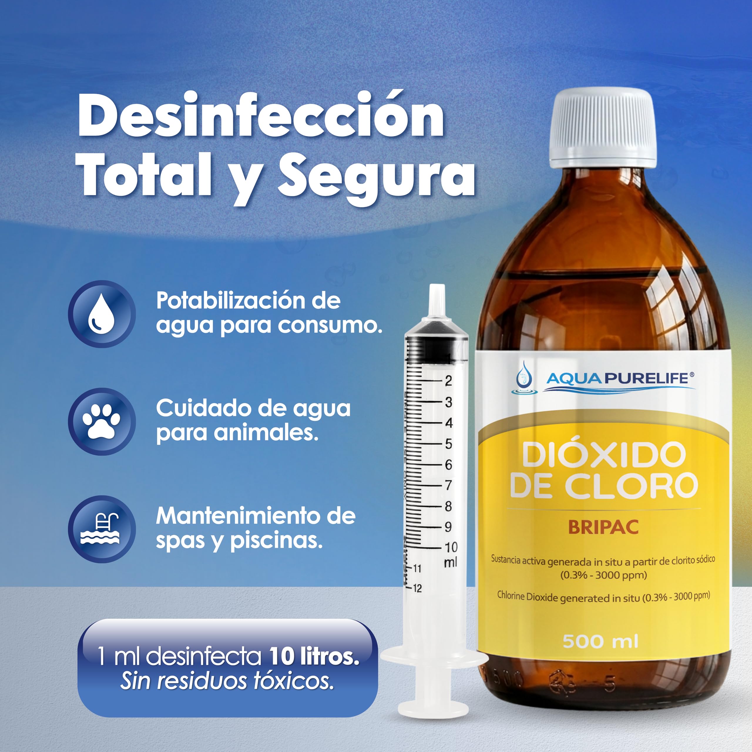Dióxido de Cloro 500 ml - CDS 3000 ppm Solución Activada 0,3% - Formato Ahorro - Fabricante Directo - Botella Cristal Ámbar con Jeringa - Fabricado en España