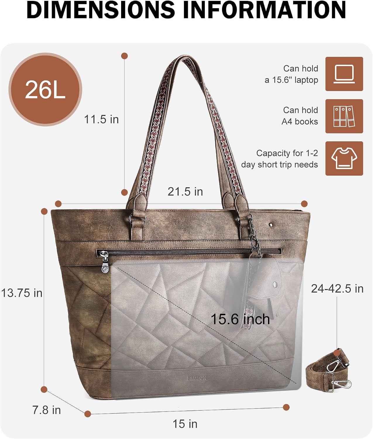 FADEON Quilted Tote Bag for Women, Designer Laptop Purse, Large Leather Shoulder Handbag for Travel, Work, Daily, Teacher