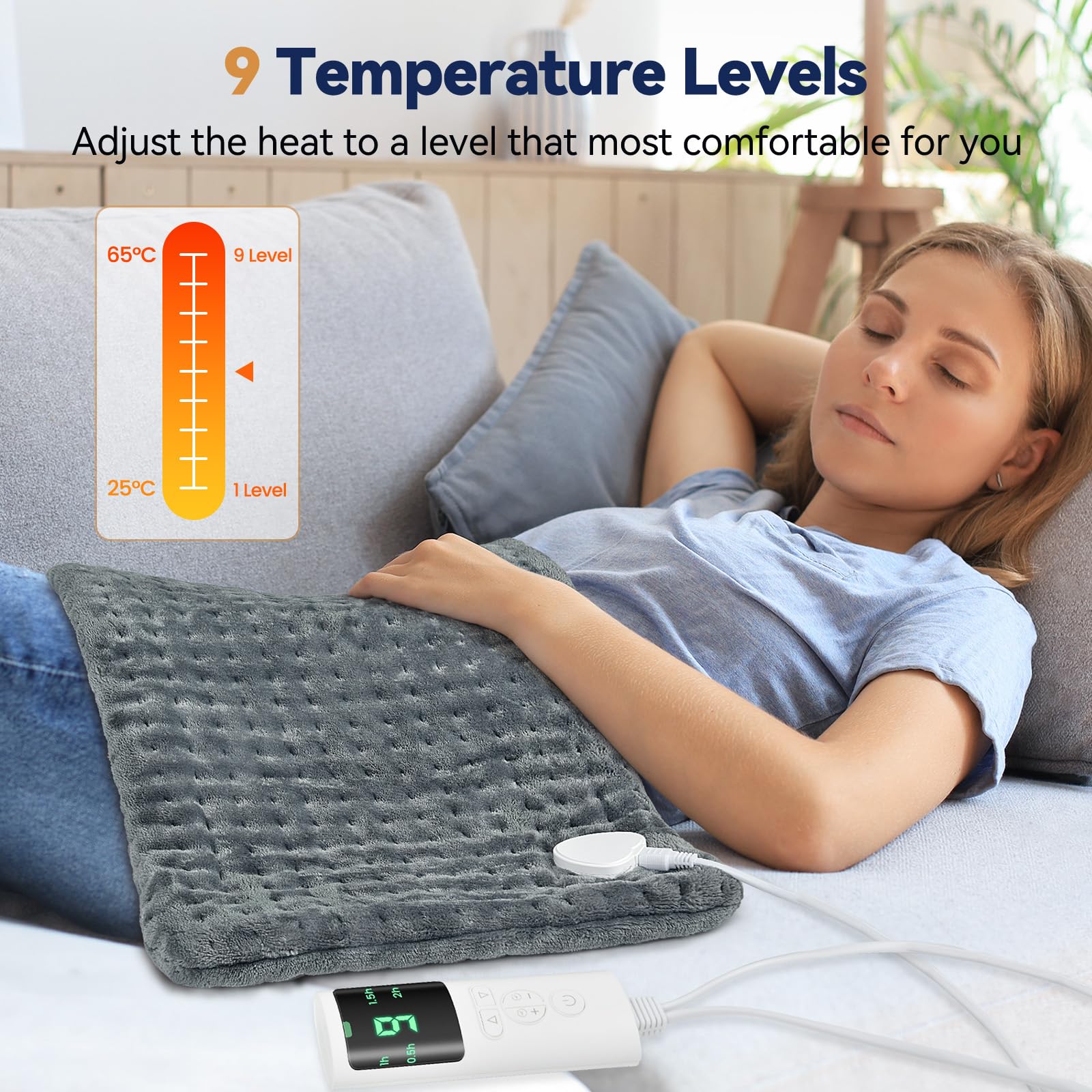 Heizkissen Größe XL, Elektrisches Wärmekissen für Rücken Nacken Schulter Bauch, 9 Heizstufen und 4 automatische Abschaltzeiten, Weicher Flanell, Maschinenwaschbar,2M-Kabel (Dunkelgrau, 43X 84 cm)
