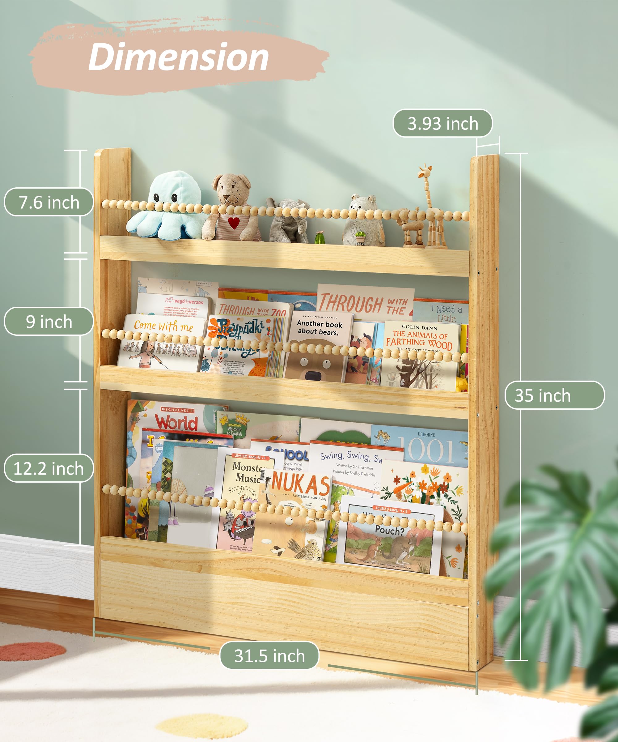 Estantería para niños de 31.5 pulgadas, de madera natural, estante organizador de pared, estantes colgantes para niños, rincón de lectura, decoración bohemia para habitación de niños, sala 3