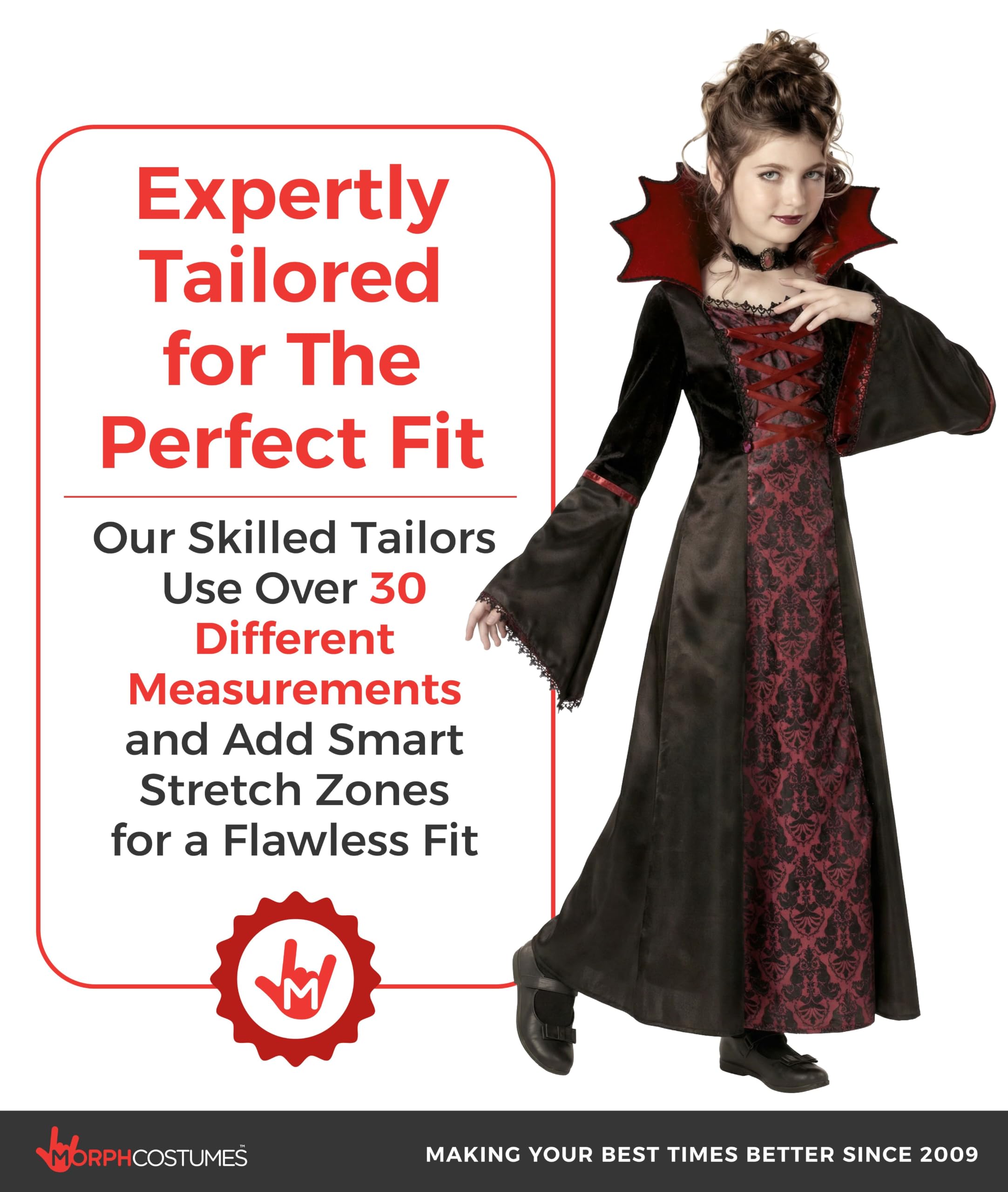 Morph Disfraz Vampiresa Niña, Disfraz Halloween Niña | Vestido Negro y Rojo con Cuello Alto & Collar, Encaje Gótico, Perfecto para Halloween, Ideal para Juegos de Rol