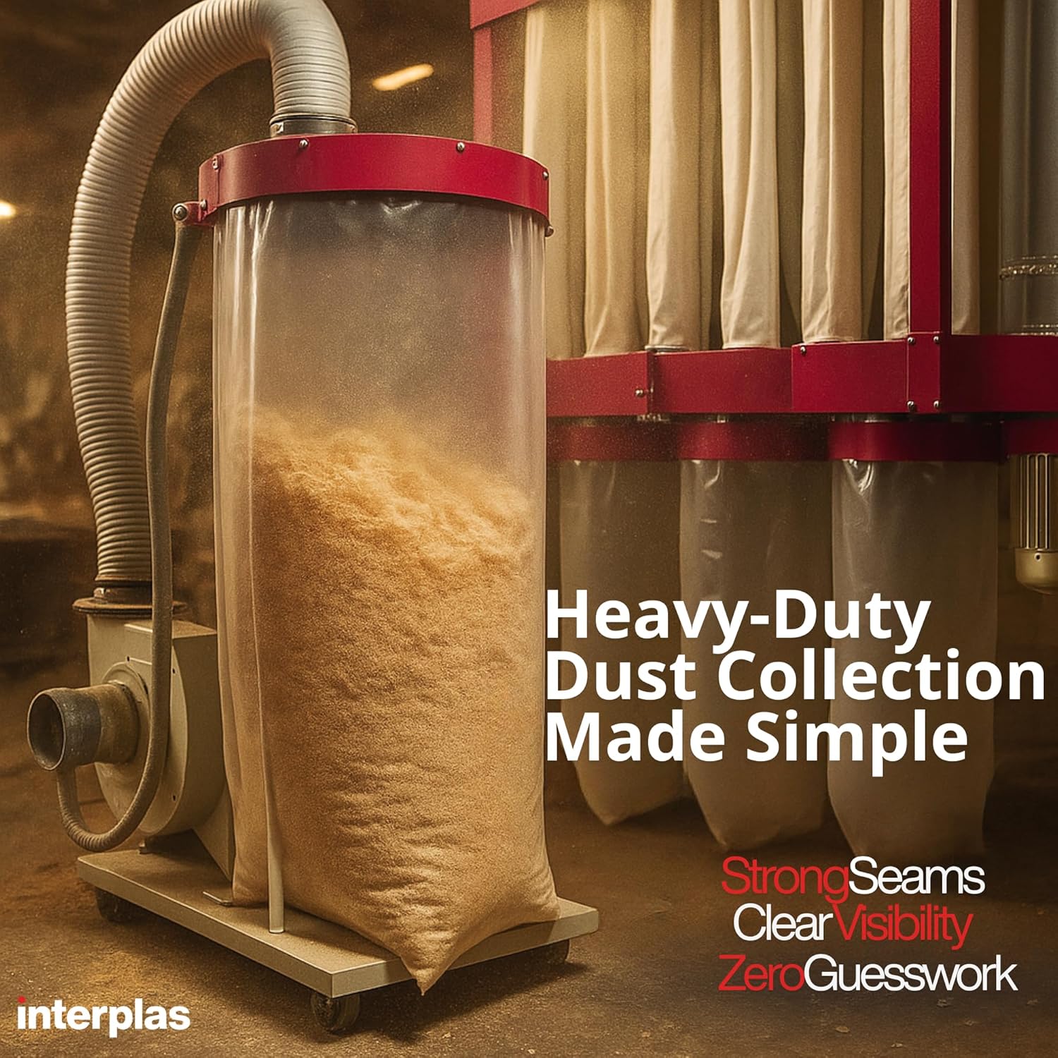 Interplas Dust Collector Bags – 6 Mil Heavy-Duty Clear Plastic Bags 38" x 72" (45 Count) for Dust Collection Systems – Tear-Resistant, High-capacity industrial dust removal