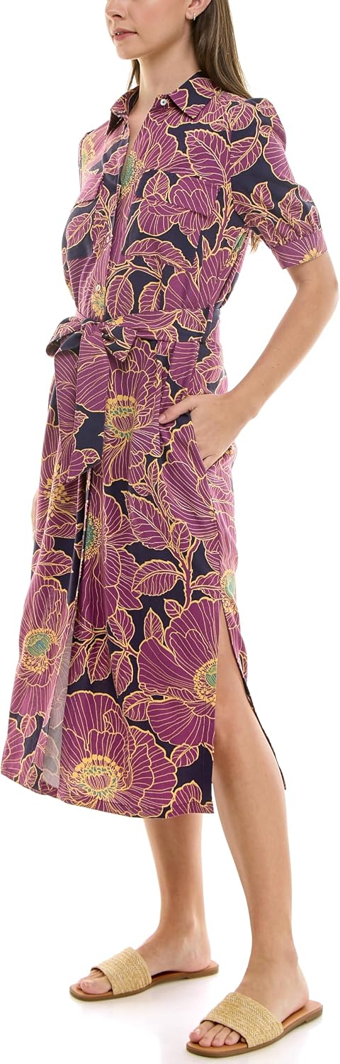 Nicole Miller New York Women's Short Sleeved Printed Shirt Dress with Self Belt