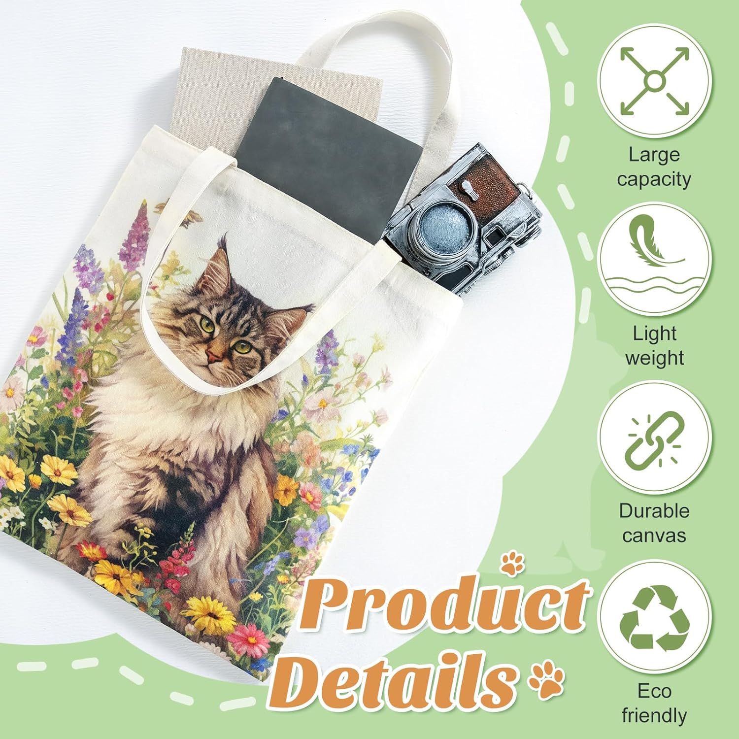 Paterr 6 Pack Cat Canvas Tote Bags Vintage Wildflowers Cute Tote Bags Cat Birthday Party Gift Bags with Handles Reusable Grocery Shopping Bags Birthday Gifts for Women - Image 4