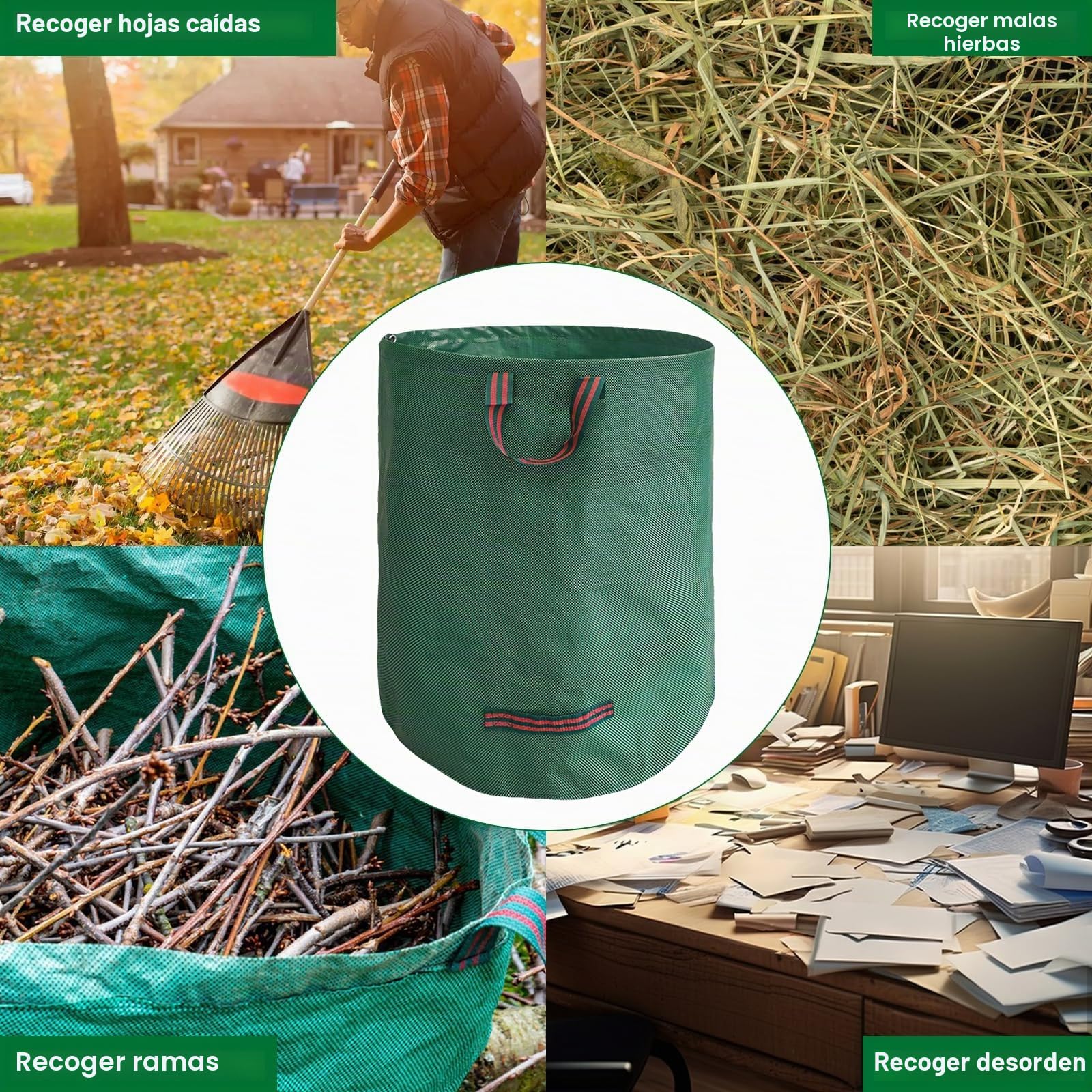 4X Bolsas de Basura de Jardín, 272 L Sacos Con Asas, Plegables, Repelentes al Agua, Reutilizables y Estables