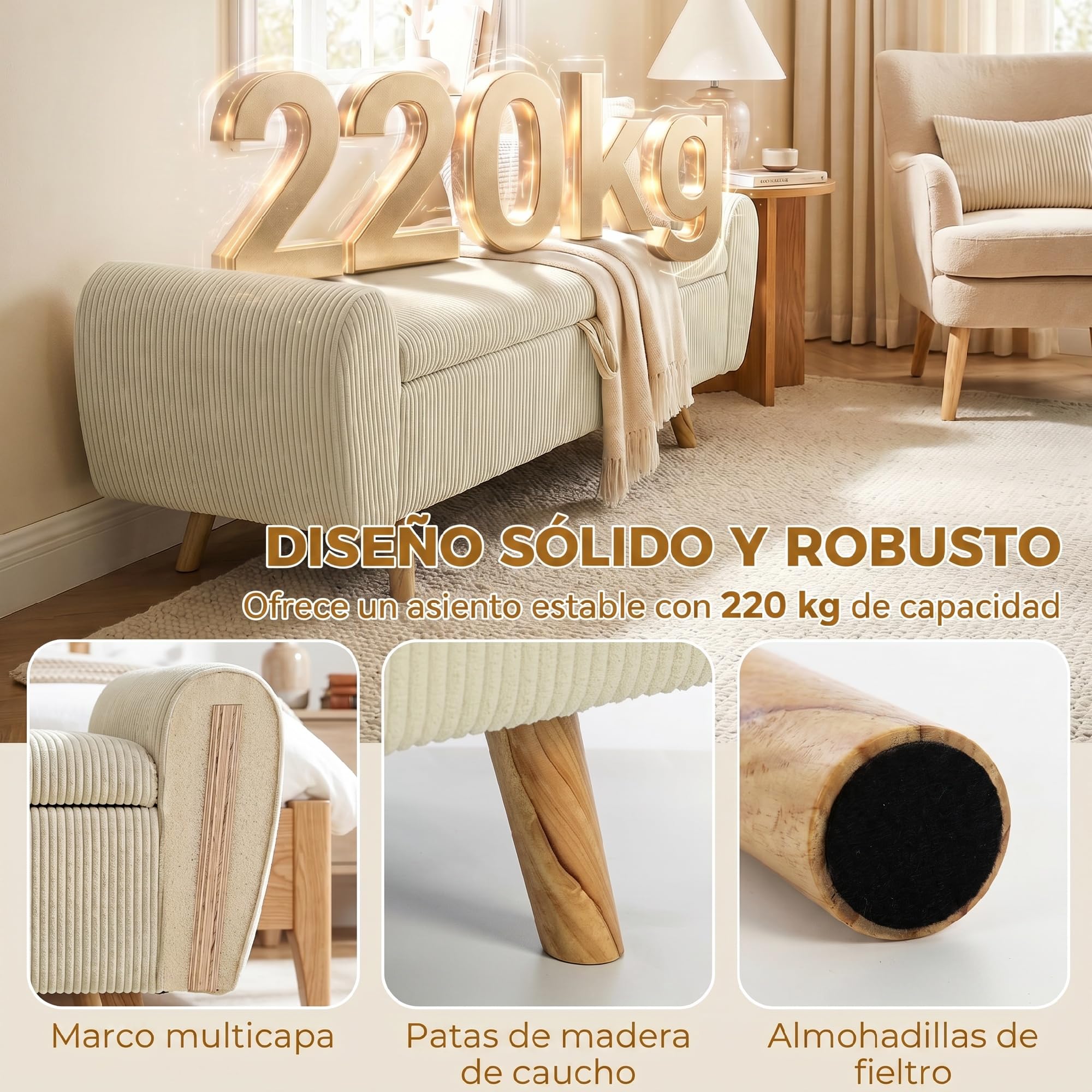 HOMCOM Banco Almacenaje 150 cm Puff Almacenaje Tapizado en Pana Beige | Banco Pie de Cama, Brazos Redondeados, Patas de Madera, Otomana para Dormitorio, Salón, Recibidor