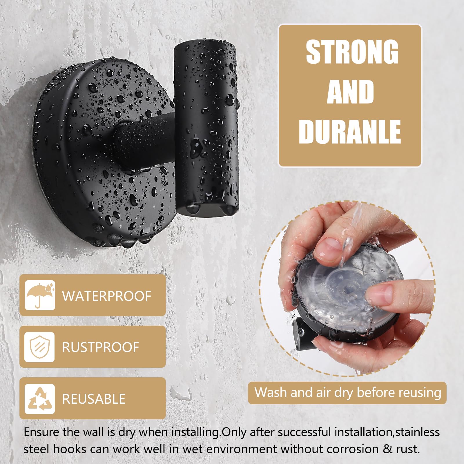Gancho de toalla negro con ventosa para baño, gancho de pared extraíble para baño, dormitorio, cocina, hotel, piscina, negro mate (paquete de 4)
