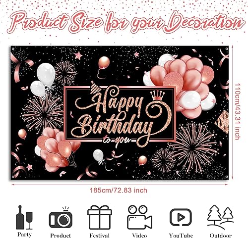 Blulu Happy Birthday Banner Sign Poster Large Fabric Glitter Balloon Fireworks Sign Photo Backdrop Background for Birthday Decoration Supplies, 72.8 x 43.3in (Black and Gold)(Pink and Black)