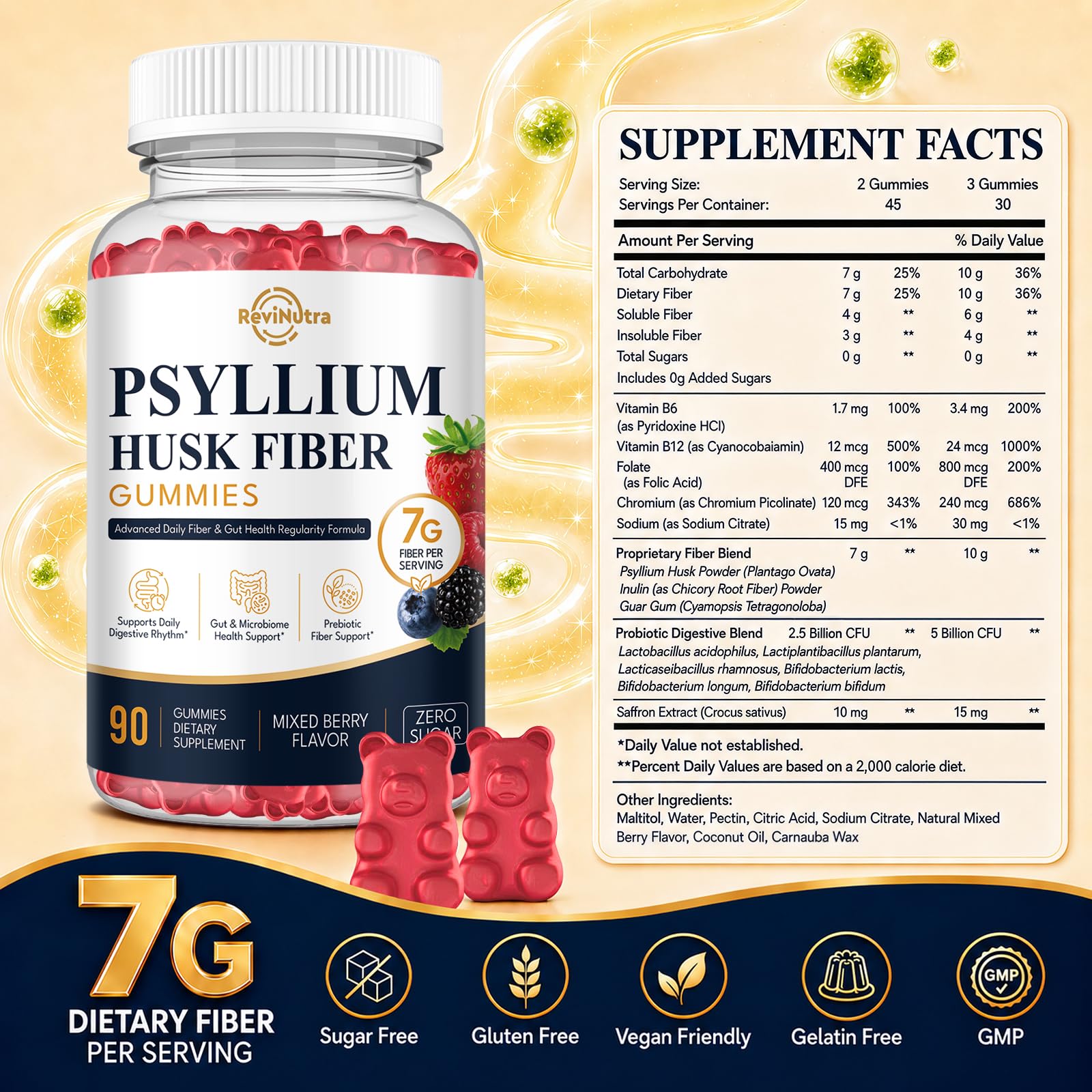Fiber Gummies 7G for Adults Sugar Free, Psyllium Husk Fiber Supplement with Probiotics, Inulin, B-Vitamins, Folate for Digestive & Gut Health, Daily Regularity Support, Mixed Berry 90 Count — Amazon image 2