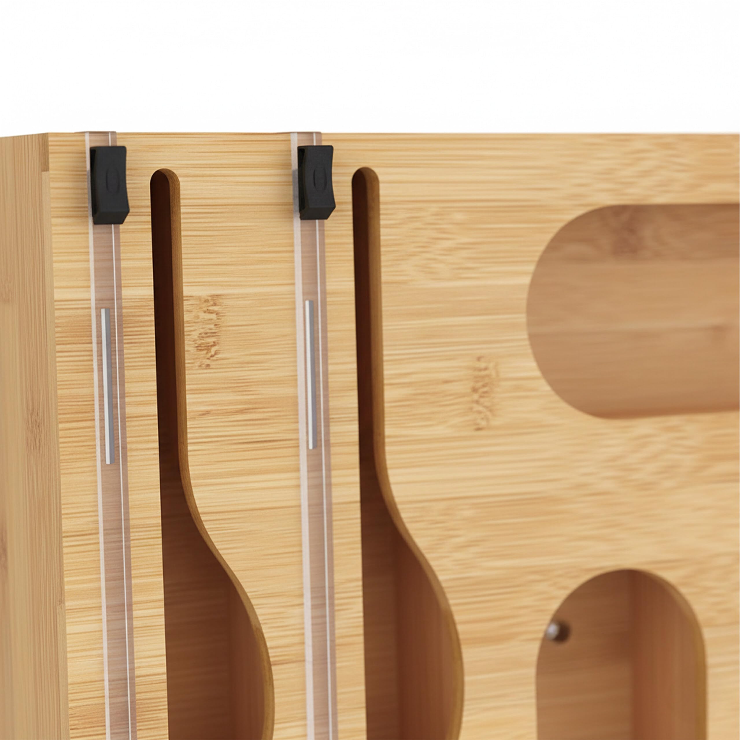 Relaxdays Distributeur 6 en 1 Films Alimentaires, alu, Sacs congélation, Bambou, Mural/tiroir, 43,5x33,5x7,5 cm, Naturel