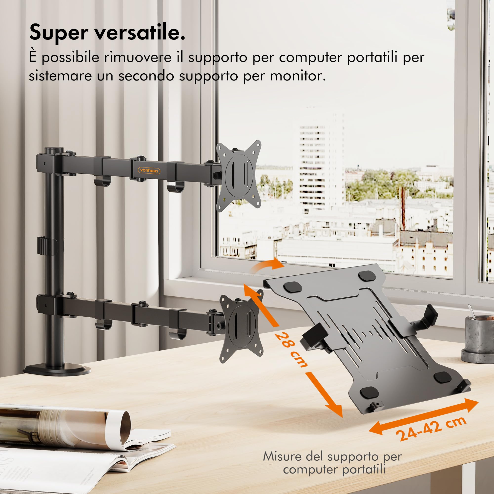 VonHaus Supporto per Monitor e Mensola per Portatile/Tablet - Morsetto per Supporto Doppio - Inclinazione e Rotazione - Gestione dei Cavi