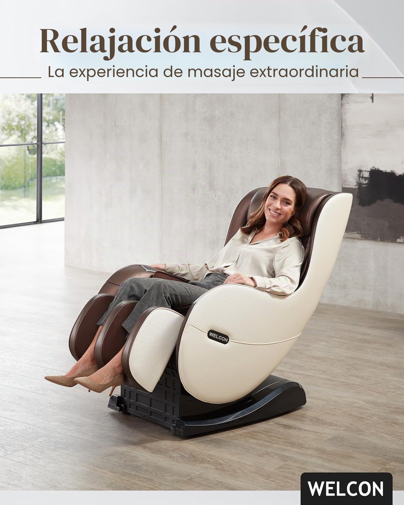 WELCON EASYRELAXX Sillón de Masaje Beige Marrón Con Función de Calor, Programas Automáticos, Amasado, Golpeteo, Rodillos, Airbag y Compresión