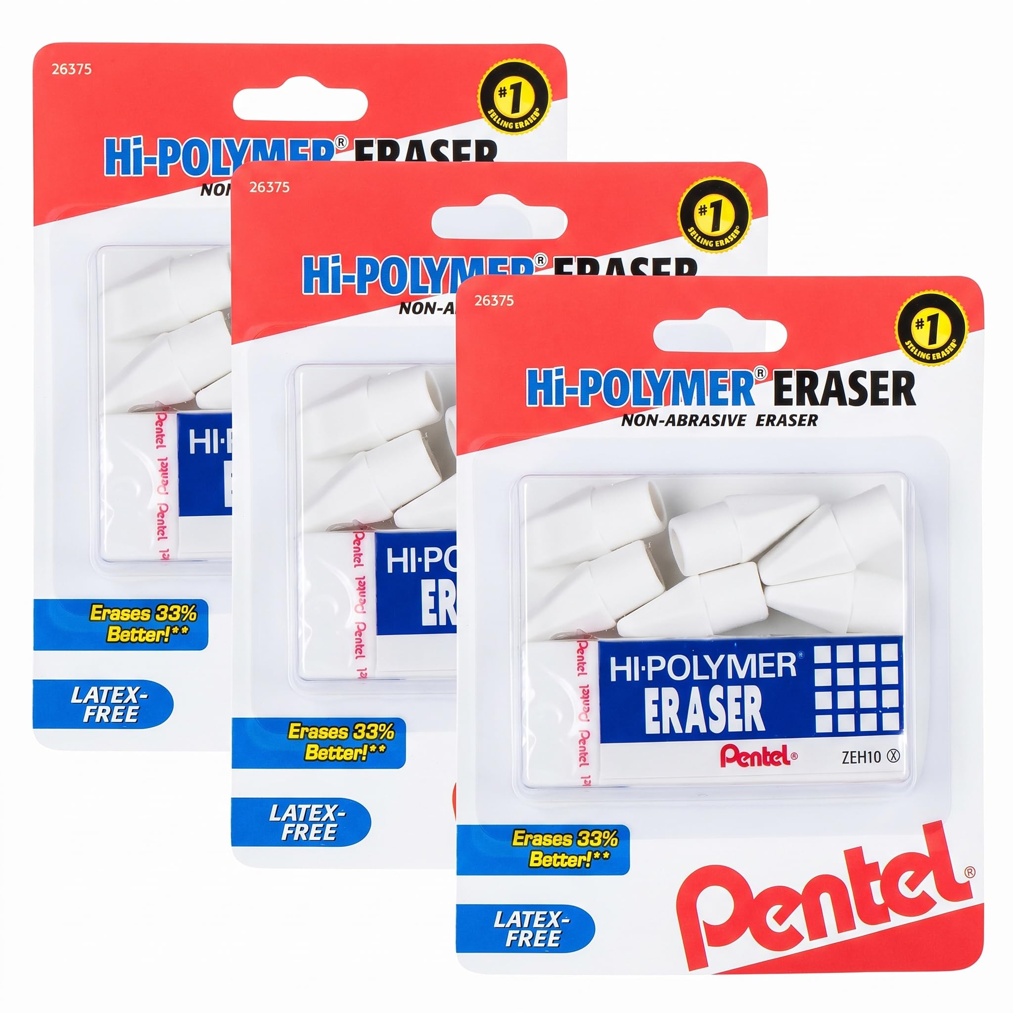 Pentel HI-Polymer Eraser Combo Pack, 6 Caps, 1 Large (ZEH0210BP7) (Pack of 3)