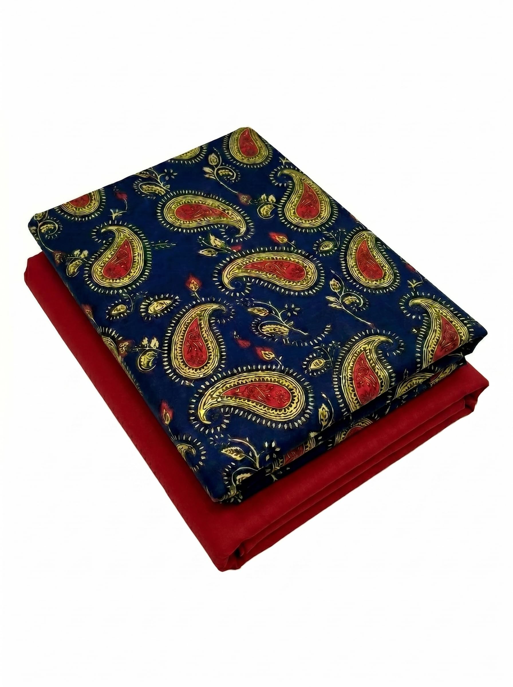 shaivra Women's Pure Cotton Jaipuri Hand Block Print Unstitched Suit Material, Traditional Paisley 2 Piece Kurti & Bottom Fabric Set (Indigo Blue & Red, Top 2.5m, Bottom 2.25m)-picture-39
