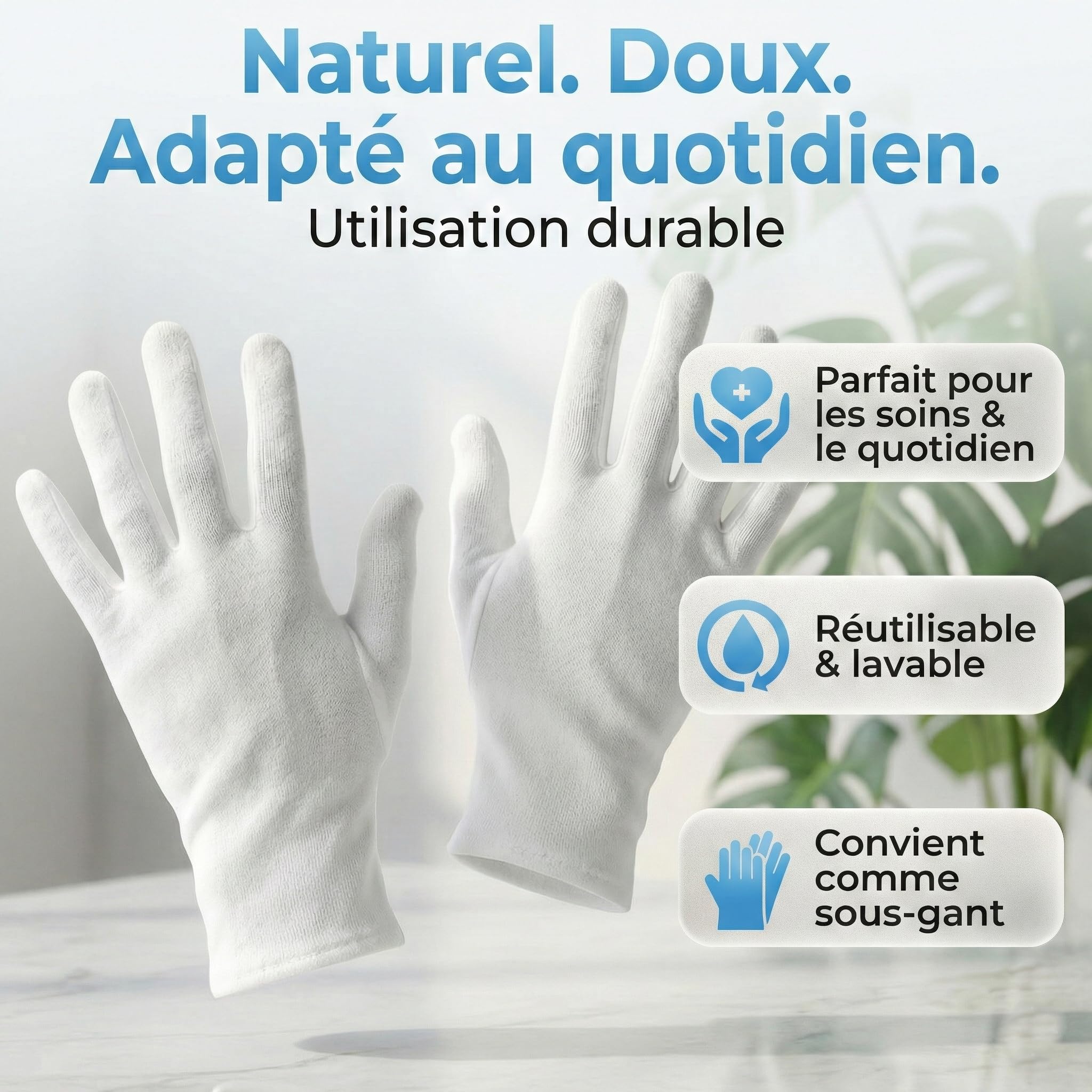 Gants coton dermatologique (Dermatest: Excellent) gants blancs pour eczema, gants hydratant main - antistatique - homme/femme - gants en coton de qualité supérieure (3 paires, M)