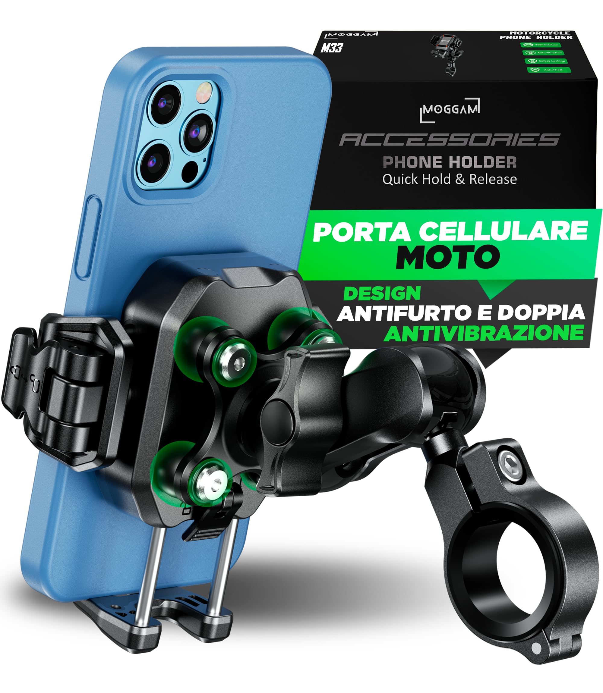Porta Cellulare Moto Antivibrazione Antifurto Trail Adventure Touring Montaggio Sicuro su Manubrio Braccio in Alluminio CNC 360° Regolabile per Smartphone 5.4-7.2" Fotocamera Libera Ultra Stabile