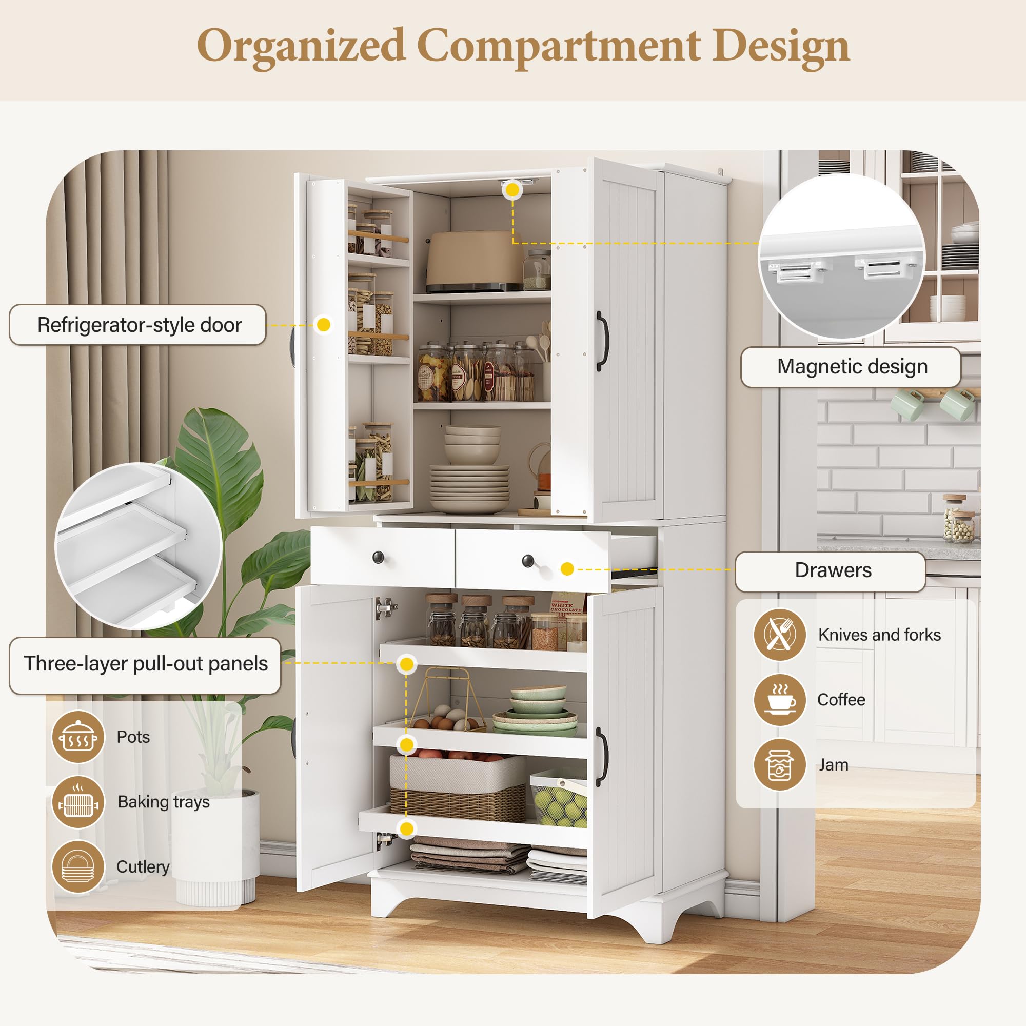 Armario alto con estantes ajustables y cajones, estantería con estantes extensibles y puertas de frigorífico, ideal para comedor, salón y cocina (color blanco)