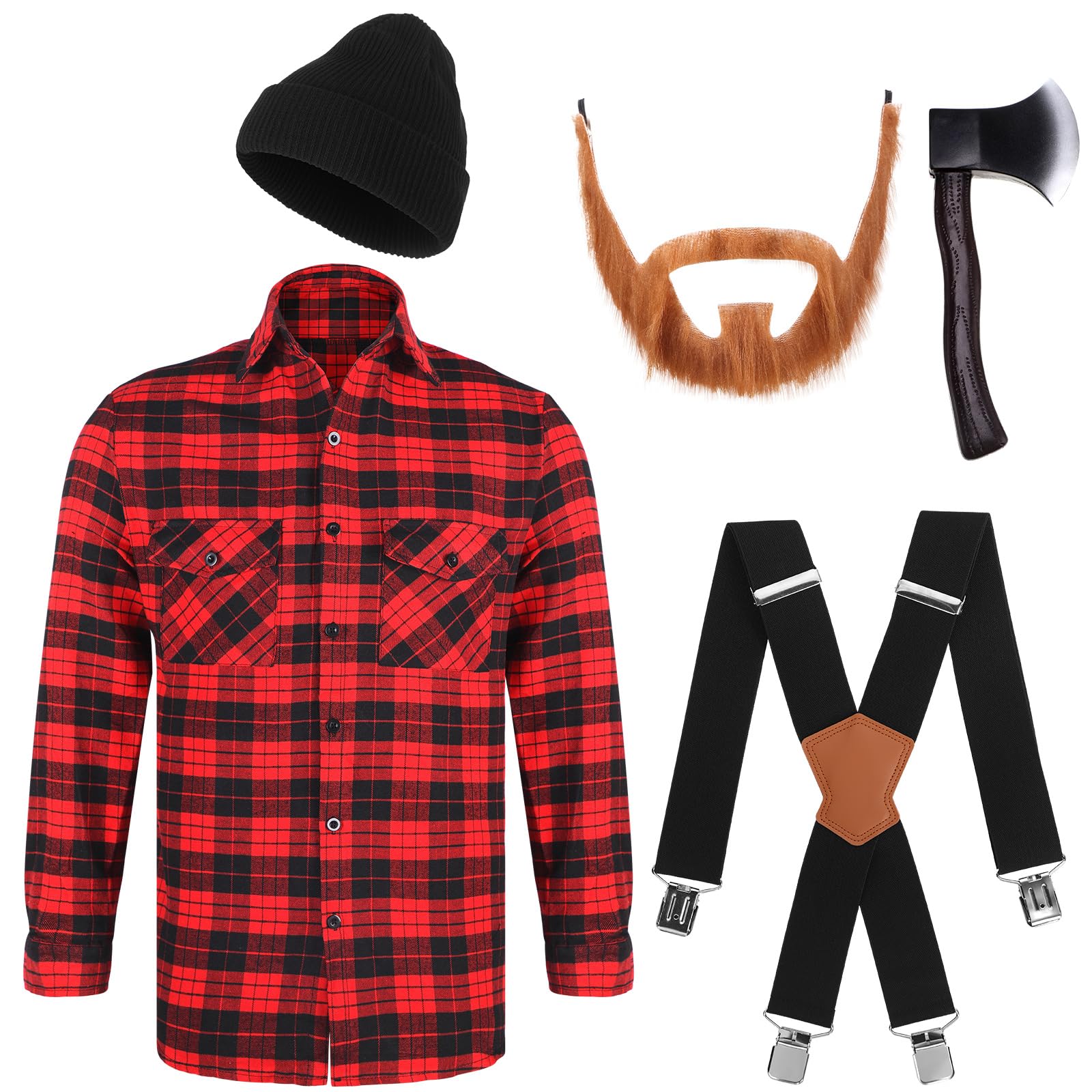 Ramede 5 Pcs Christmas Lumberjack Costume Set Plaid Flannel Shirt Foam Axe Fake Beard Black Beanie Suspender for Cosplay