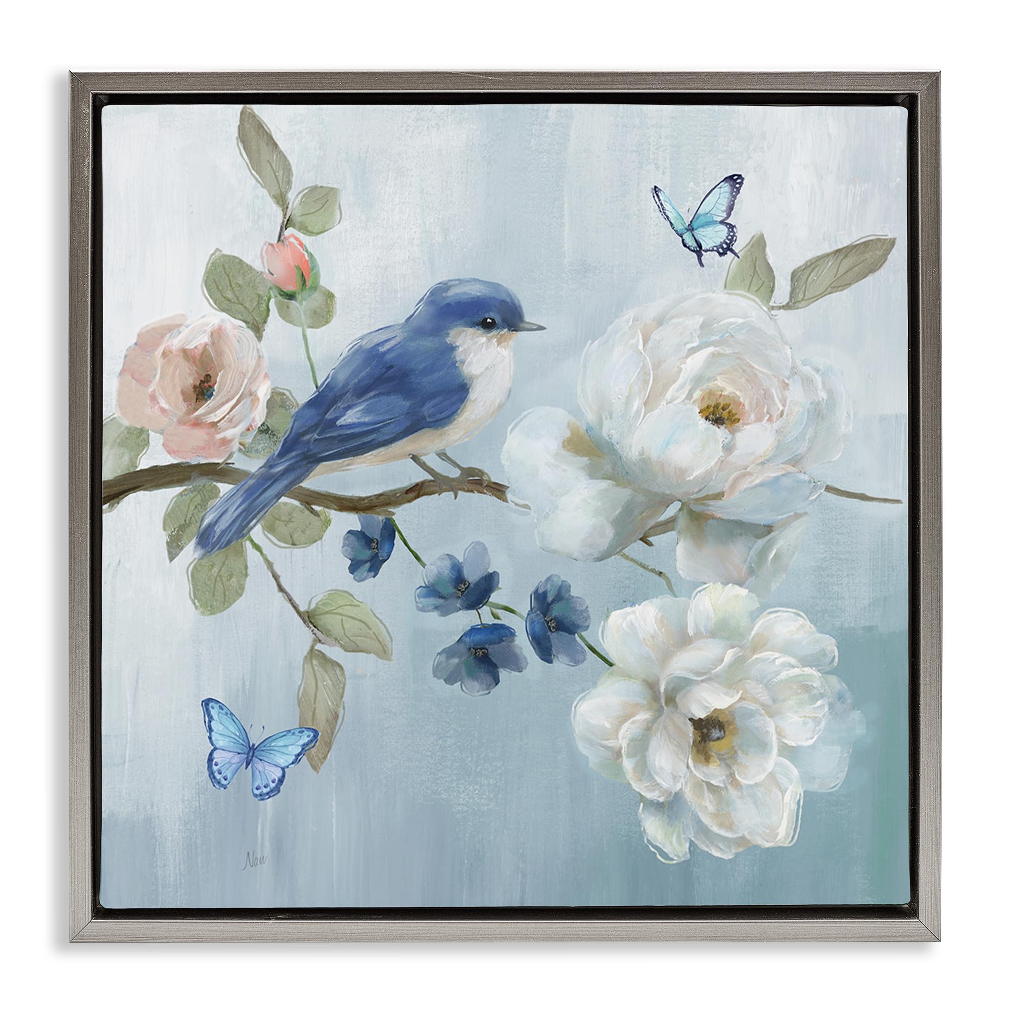 Stupell Industries 'Blue Bird Tranquility', Floating Frame Canvas Art, Gray, 18 x 18 Inches, Easy to Hang and Sturdy, Made in USA, by Nan
