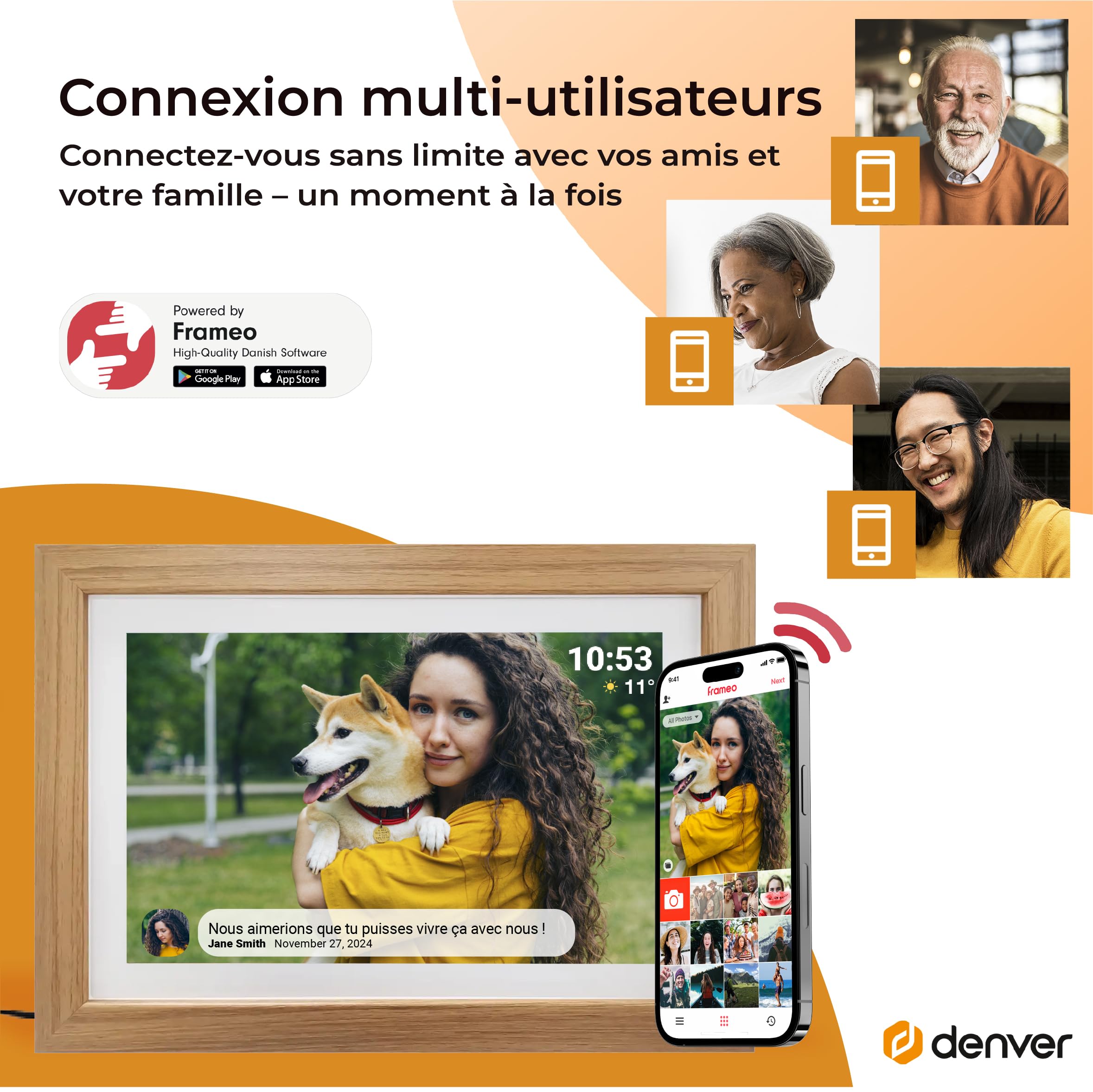 Denver PFF-1042LW Cadre Photo numérique Wi-FI FRAMEO 10,1 Pouces, écran Tactile IPS 1280 x 800, mémoire 16 Go, Application iOS/Android, Bois Clair
