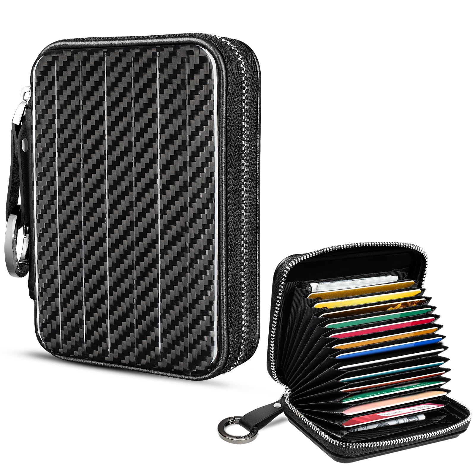 T-carbon Real Carbon Fiber Card Organizer Wallet with Zipper,RFID Blocking 15 Slot Credit Card Holder Wallet with Keychain