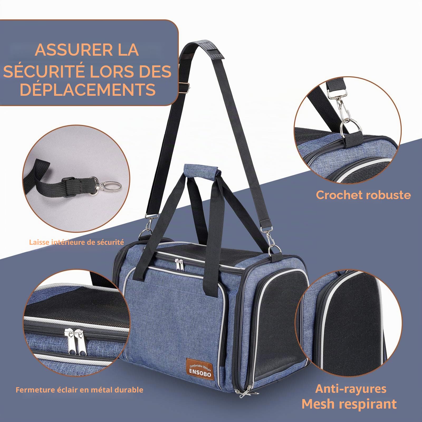 Sac Transport Chat Chien, ENSOBO Matériau Denim Résistant aux Rayures Sac de Transport pour Animal de Compagnie Avec Matelas Souple, Caisse de Transport Chat Respirant pour un Voyage Confortable