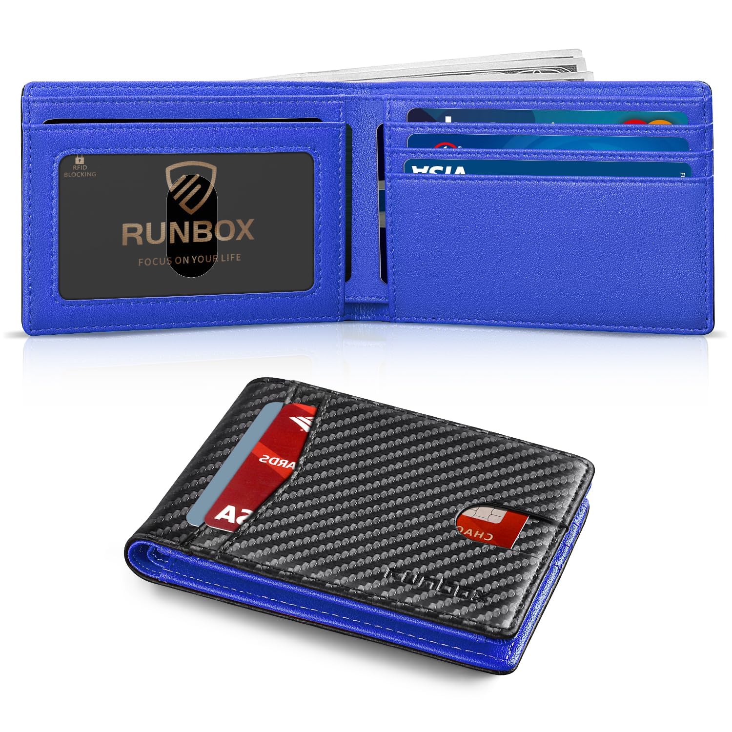 RUNBOX Wallet for Men Slim Leather Bifold RFID Blocking Minimalist Front Pocket Design with Gift Box
