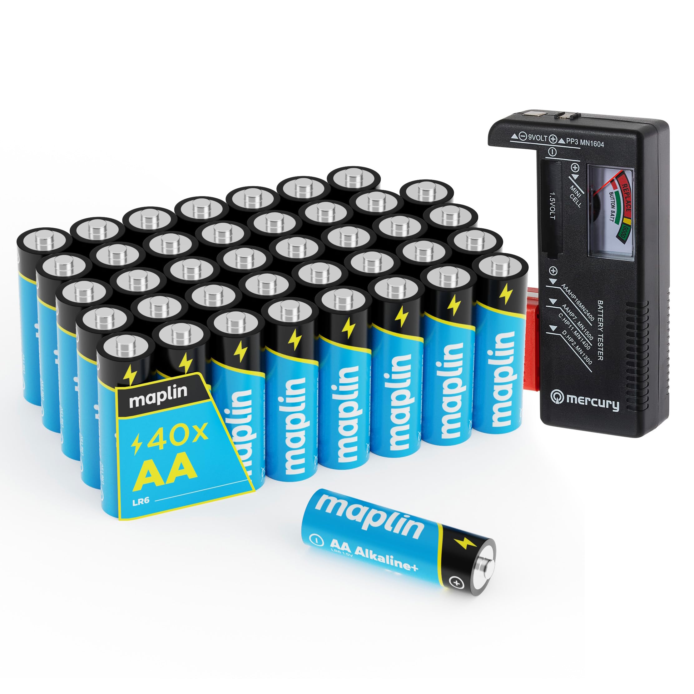 Maplin Green/Yellow/Red 40X Aa Lr6 7 Year Shelf Life High Performance 1.5V Alkaline Batteries With Universal Battery Tester
