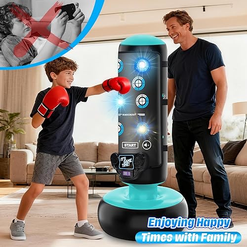 Miniatura 5 de Saco de boxeo para niños, bolsa de boxeo inflable de 66 pulgadas con guantes de boxeo, juego de boxeo para niños con puntuación, luz, música,