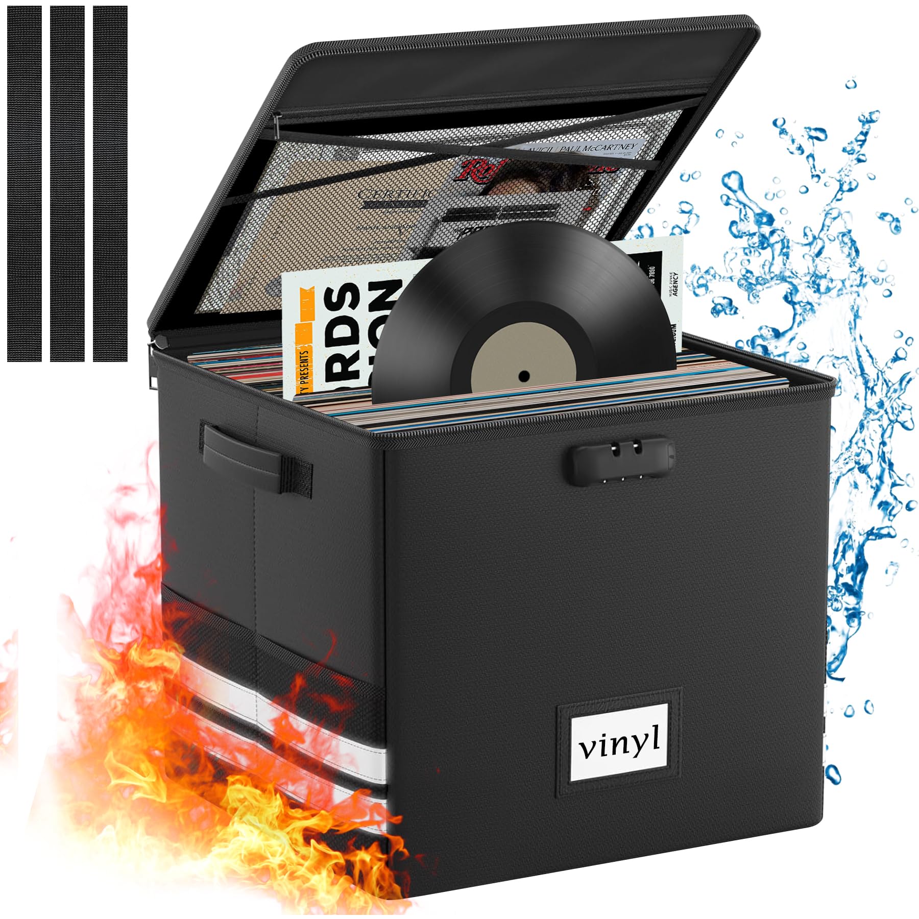 onvvippiv Large Vinyl Record Storage Box with Lock, Fireproof Waterproof Resistant Organizer for 150+ 12 inch Records, Collapsible Storage Box with