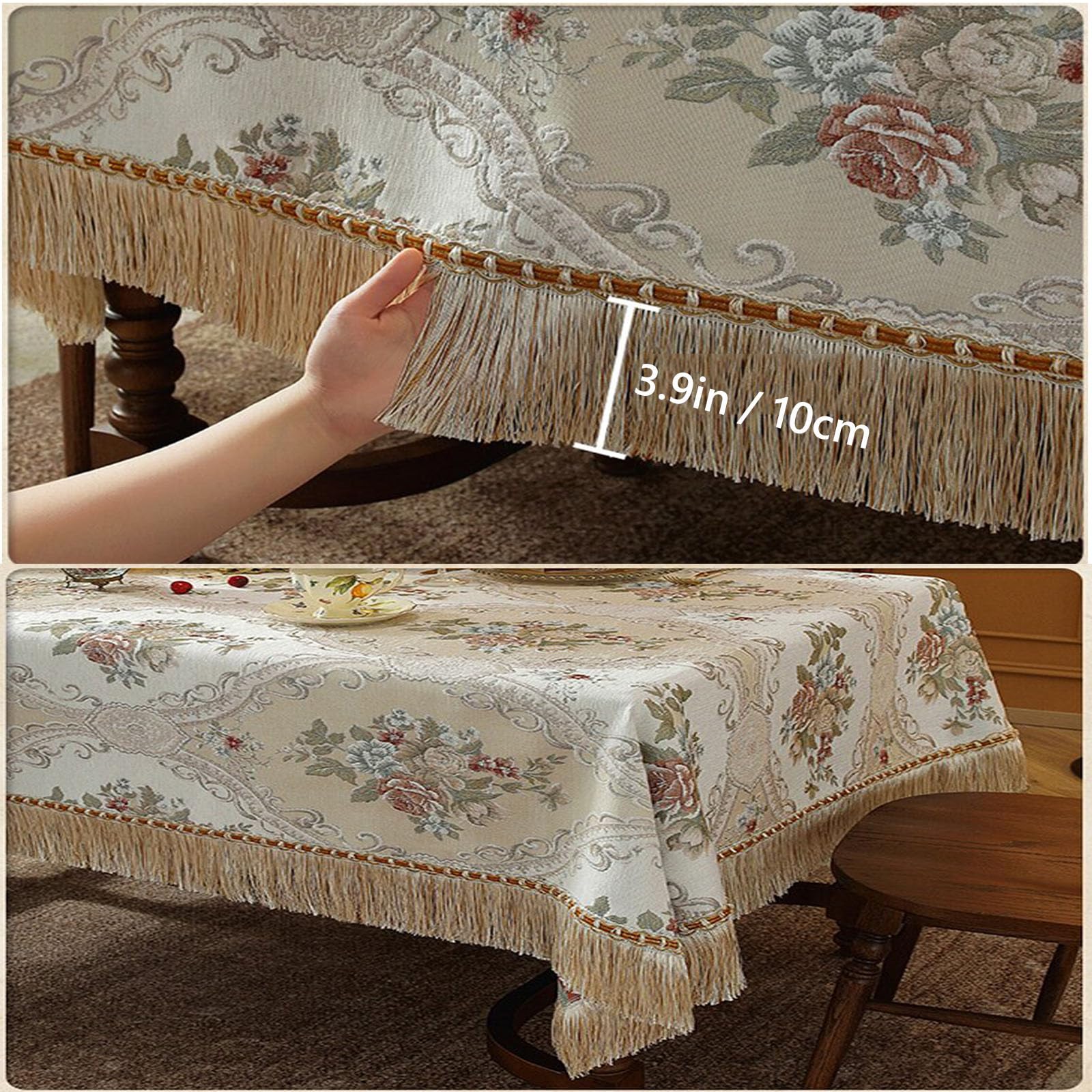 Tovaglia Rettangolare da Pranzo Stile Europeo retrò con Nappe Motivo Floreale Ricamato Lavabile per Cucina Sala da Pranzo Decorazione da Tavolo 140x200cm Beige