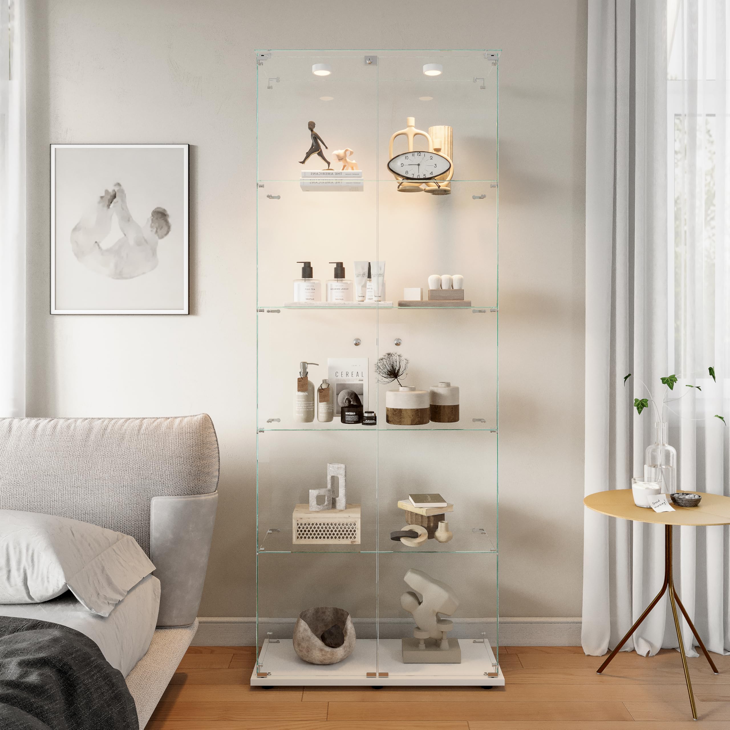 Szklana gablota z oświetleniem LED, stojące okna kolekcjonerskie, 5-warstwowe okno z 2 drzwiami i zamkiem do salonu/biura/pokoju gier, 78 x 35 x 186 cm, biały
