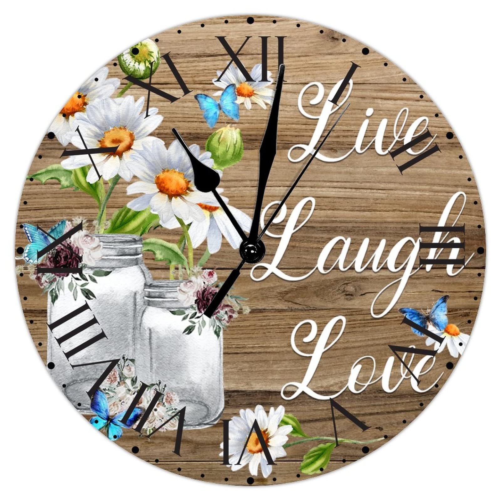 Horloge vintage Love Live Laugh en PVC avec chiffres romains et papillon floral