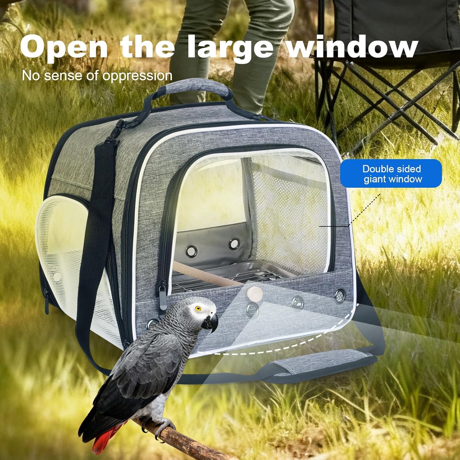 Vogeltrage zum Transport großer Papageien, tragbare Tasche mit Metallschale und Gitter für mittelgroße und große Vögel wie Graupapageien, Nymphensittiche und Papageien mit langem Schwanz (Grau, L)