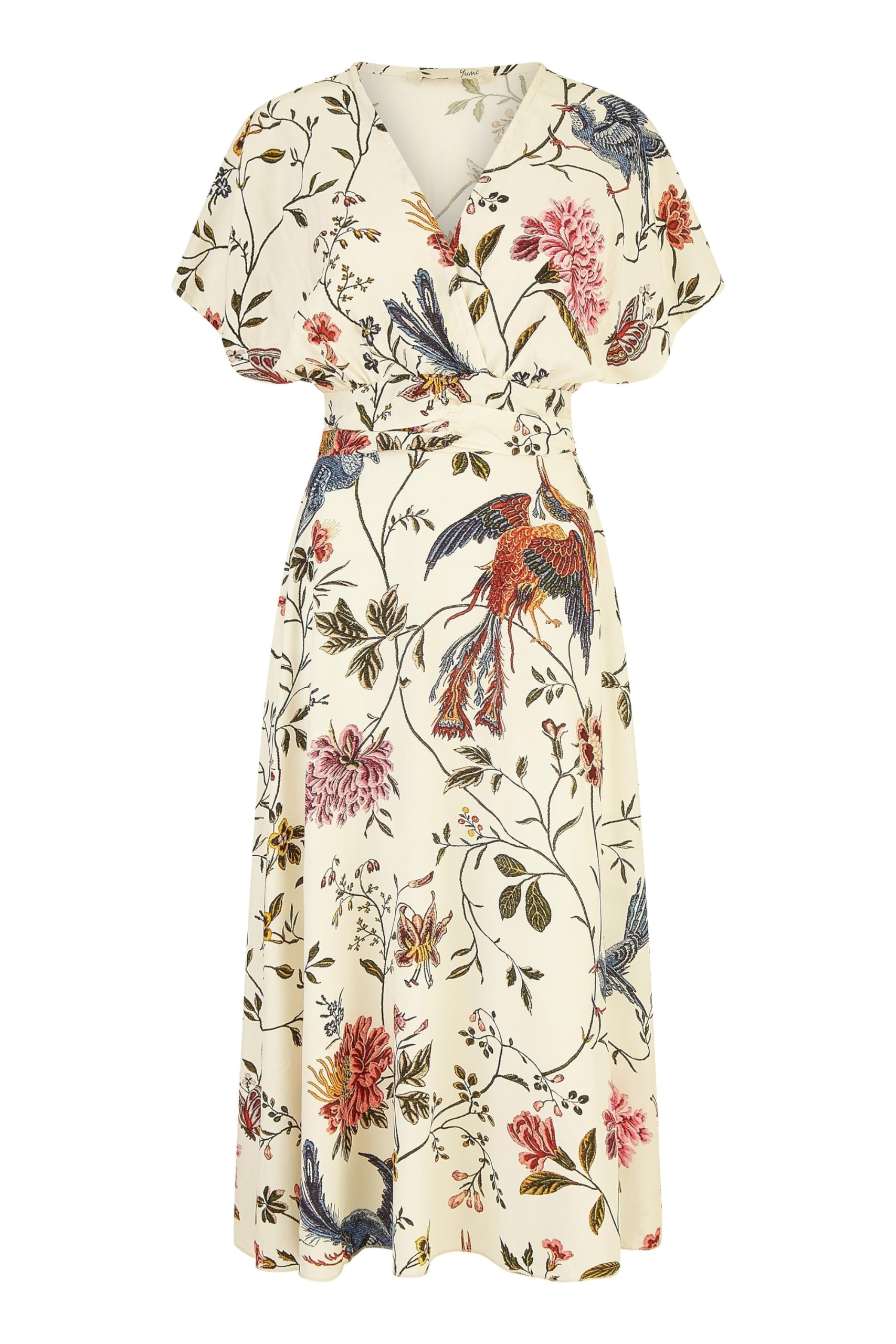 Yumi Women's White Ivory Bird And Floral Print Ruched Waist Kimono Midi Dress Size 10