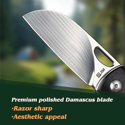 Miniatura 4 de JIN Vaquero Navaja de bolsillo para hombre, hoja de damasco pulida de 2.75 pulgadas, EDC plegable con mango de madera de ébano, kit de bricolaje con