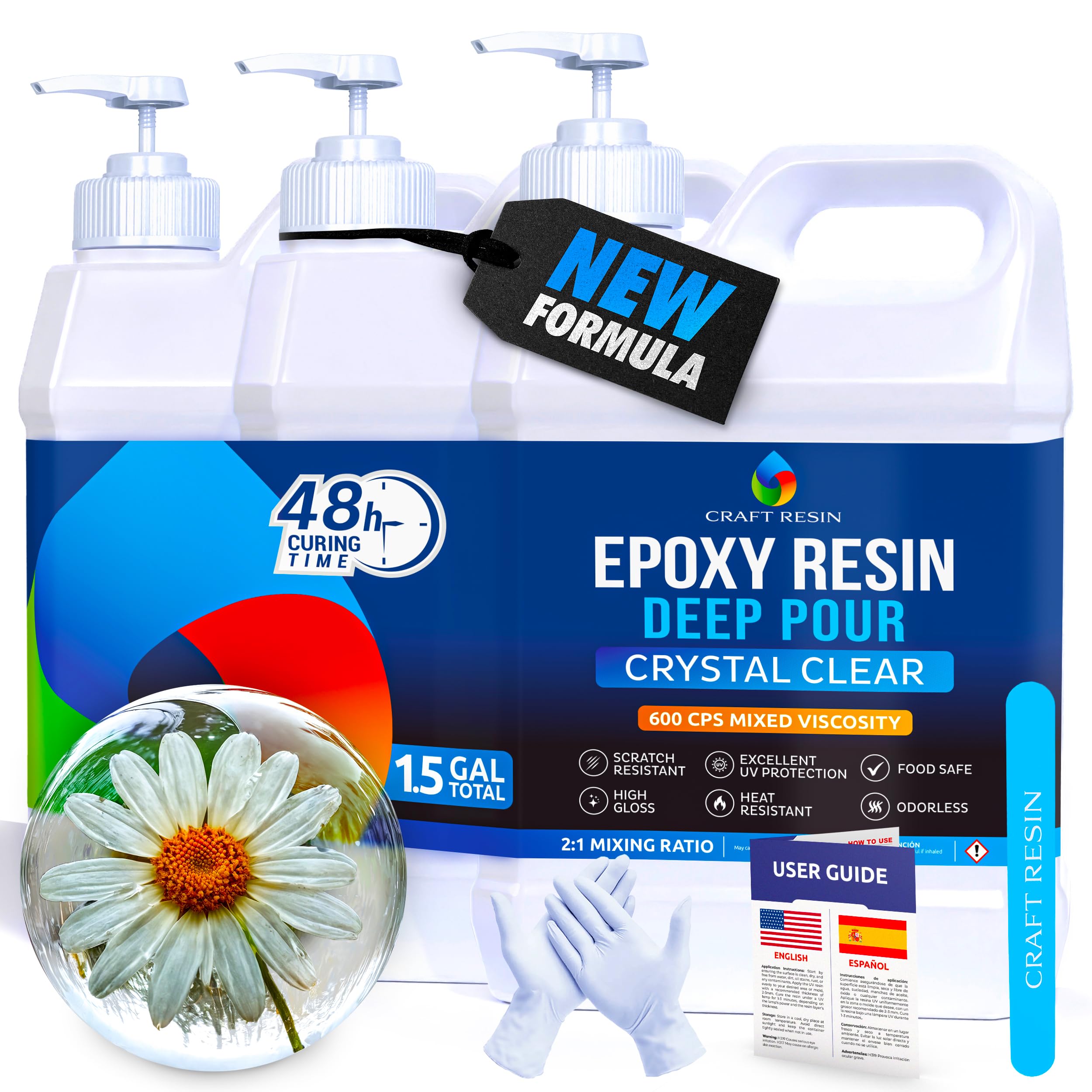 CRAFT RESIN Deep Pour Epoxy Resin Kit 1.5 Gallon – for 2” Pours, Casting Resin Epoxy for River Tables, Wood, Flower Preservation & DIY Crafts – Crystal Clear & Bubble Free, UV Resistant & Food Safe