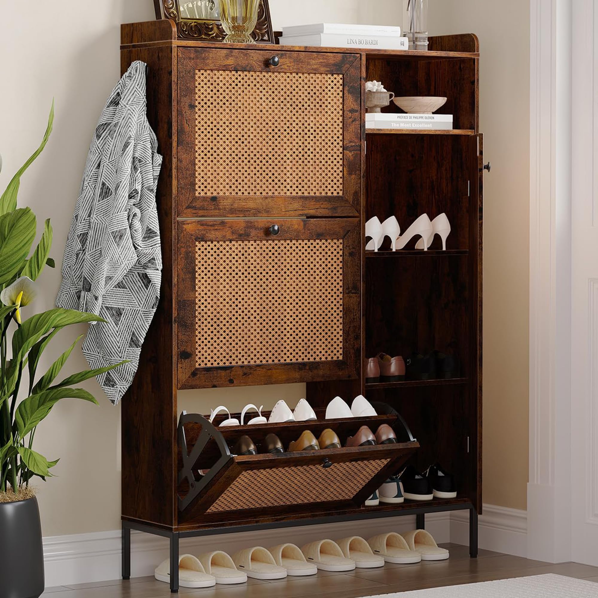 Zapatero Vintage de Madera con Diseño de Puertas de Ratán, 3 Cajones Volcables y Armario de Entrada de 3 Niveles, Capacidad para Todo Tipo de Calzado, Patas Metálicas Altas, Color Vintage