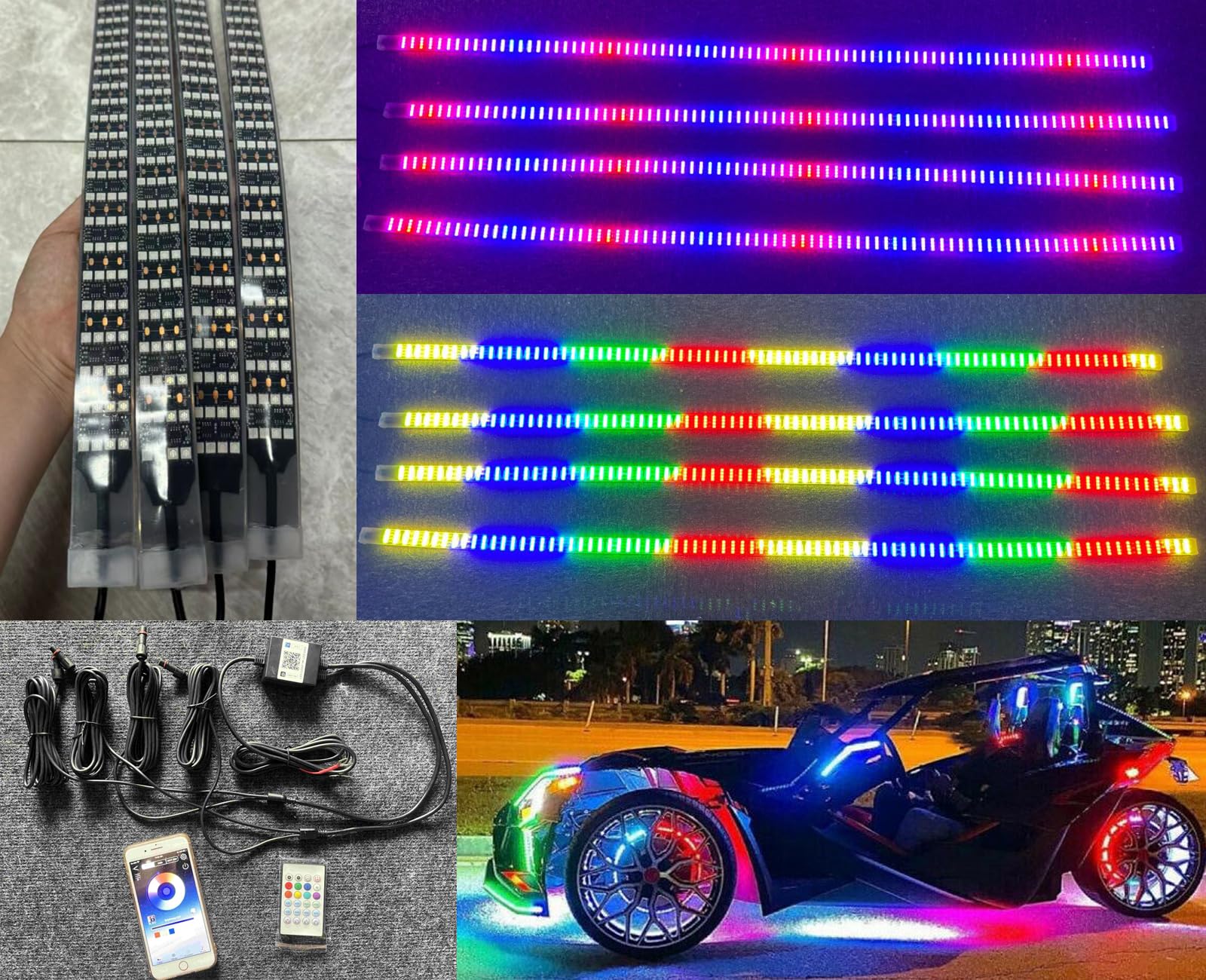 4PCS 5FT Quad Row Brightest LEDs Intensive Dream Color Chasing Flow Flash Breath Light Strips Bluetooth + Remote IP68 Waterproof for Car Truck Slingshot Wheel