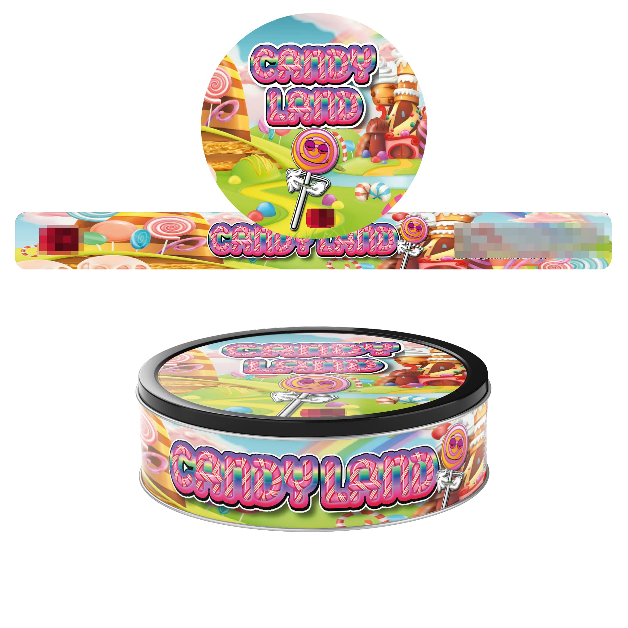 100ml Self Seal Tin Can Stickers - Lid and Side Label Stickers- 3.5g Cali Press-in Tin Stickers ONLY - Candy Land x20