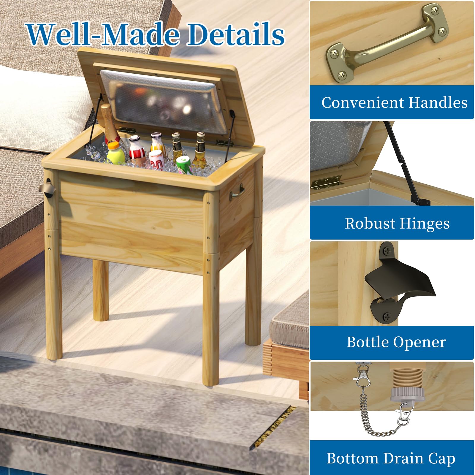 SOARS Frigorifero per rotelle, 51 l, bar all'aperto mobile 67 x 47 x 74 cm, tempo di mantenimento 2-4 ore, materiale in legno di pino solido, per giardino, terrazza, piscina, bistrot, naturale